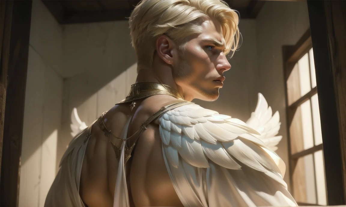 [((highly detailed, detailed eyes, detailed face, clear and realistic facial features, photorealistic, realistic light, cinematic)), (1 man), (((((Gorgeous perfect sexy powerful masculine male angel))))), (((two large white wings coming from his back))), ((faint halo)), ((((short blond hair, pale eyes)))), ((35 years old)), ((wearing flattering gauzy angelic clothes)), (((aura of divine power))), standing in a cozy apartment at nighttime, ((light blush)), ((imposing powerful pose)), (((wearing an annoyed expression)))]