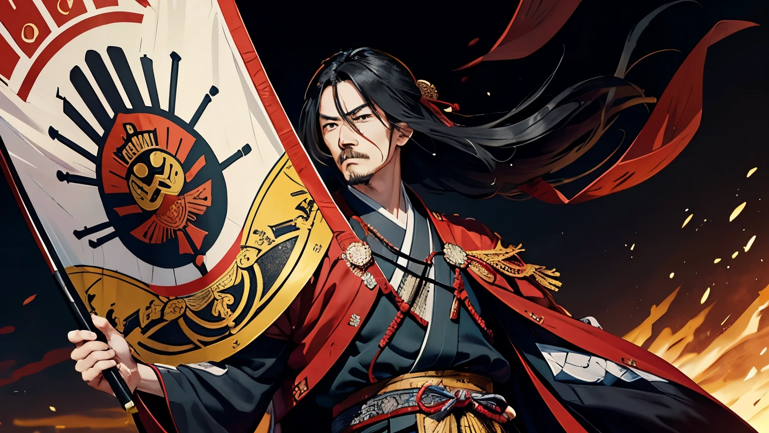A powerful samurai leader, Oda Nobunaga, holds up a banner with the words "The world is buwu" (Unification of the Realm), symbolizing his ambition to conquer Japan. He stands confidently, with a determined expression, in traditional samurai armor, surrounded by his loyal soldiers.
