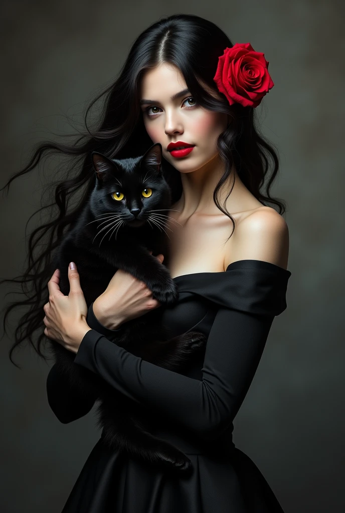 Woman with black hair and a rose in her hair, wearing red lipstick and a black dress, holding a black cat