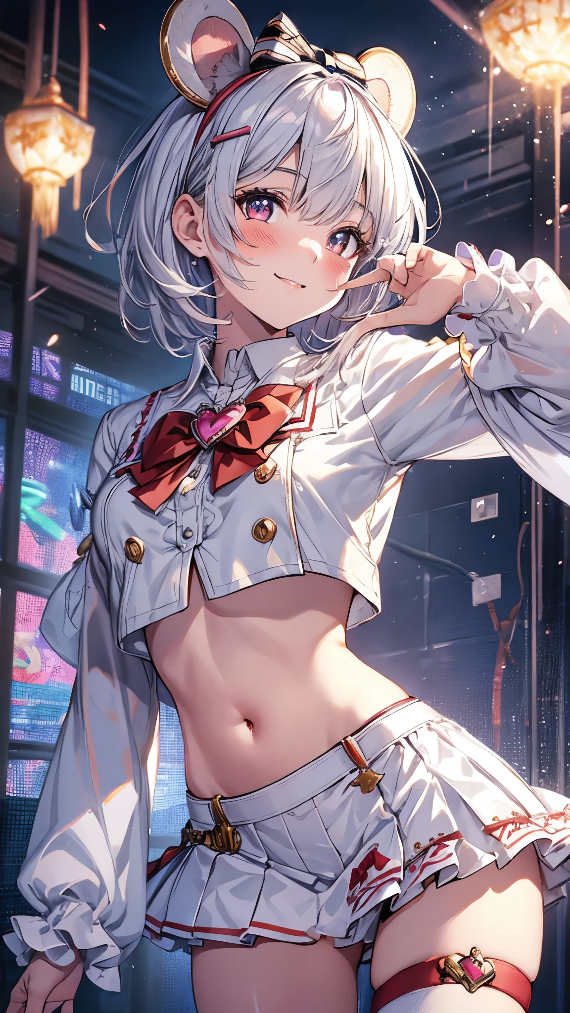 (cowboy shot:1.3),vikaladef, white hair,short hair, white shirt, crop top, frilled white miniskirt, heart brooch, hairclip, hair bow, buttons, wide sleeves, thigh strap, midriff,flat chest,blush,smile,masterpiece,Noise Reduction,perfect anatomy,high resolution, ultra-detailed, ultra-detailed face,game cg,dutch angle ,beautiful detailed eyes,visualart,five fingers, perfect hands, perfect lighting, sparkling pupils,