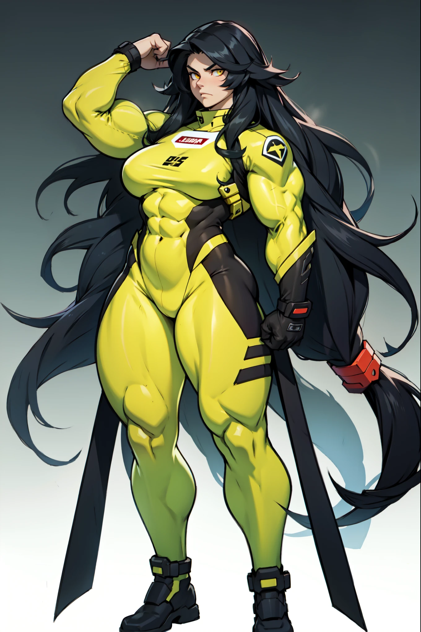 gigantic tall female black haired orc muscle mommy, muted green skin, lush curly locks, naked, standing shamelessly, bare breasts, fearless warrior, stomping on a goblin, ((small breasts)), nsfw