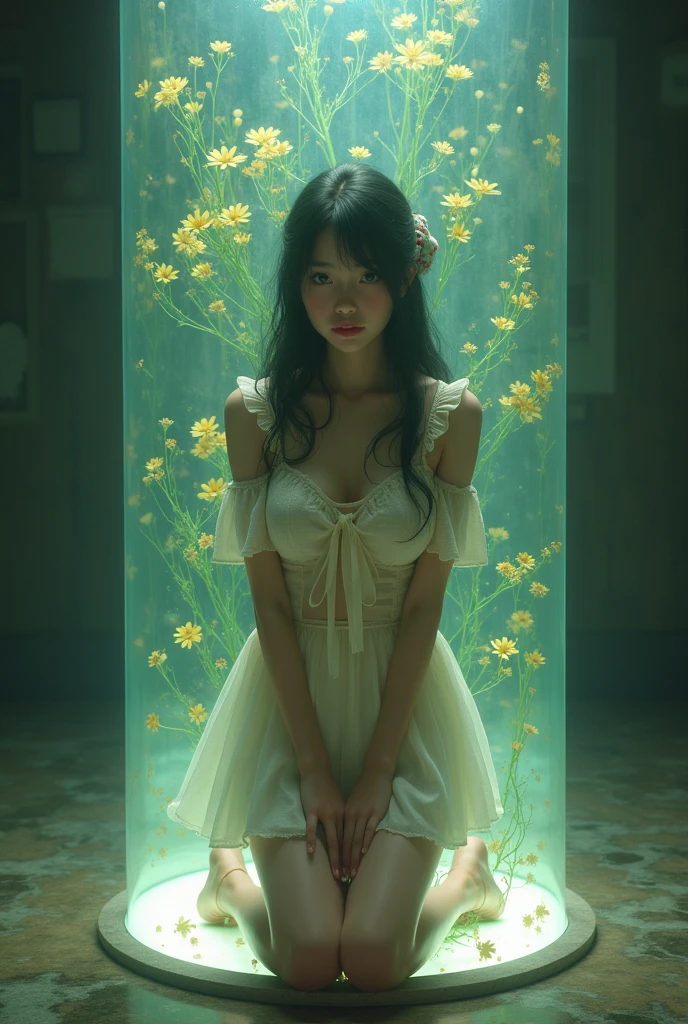 {{{{{3,318 trillion pixels high resolution, nsfw, Realistic scenery and lovely girl, In this scene the heroine is chosen as a human pillar and sealed in a kneeling posture with her legs spread in an M-shape where she is raped endlessly while staring blankly into the void, A full whipped deep cleavage rapidly emerged, the charm she exudes spurs forces her to lift her legs and open her legs and continues to fuck, thicken the lips look pretty, Boobs are fluffy and bouncy, Tits that get rounder bigger her deep tight cleavage}}}}},{{{{{A neat girl who stands on her knees and opens her crotch traces her crotch with her fingertips and with a faint moan experiences her first climax and becomes a little more mature and innocent masturbator, white cheeks, The moment when the eyes of the heroine's girl are replaced with kaleidoscopic irises, magical in a romantic Cylindrical crystal herbarium showcase filled with oil, Herbarium-soaked her tits become so plump that they break the blouse of an even smaller-sized girl and her hair grows longer and sexier while she still looks like a girl, Cuteness preserved forever shining in exchange for life from her, wearing cute ribbon blouse and skirt, frills scrunchie on her wrist, her beautiful slender underbust, slender curvy cute waistline, an lewd fetish for lips and necks and waistlines, her clearer nip line from underbust to hips, gloomy straight black wig, thick vivid lips}}}}},{{Extremely detailed}},{{{{{heroine girl's Sexually unused body with pure and innocent aura}}}}}