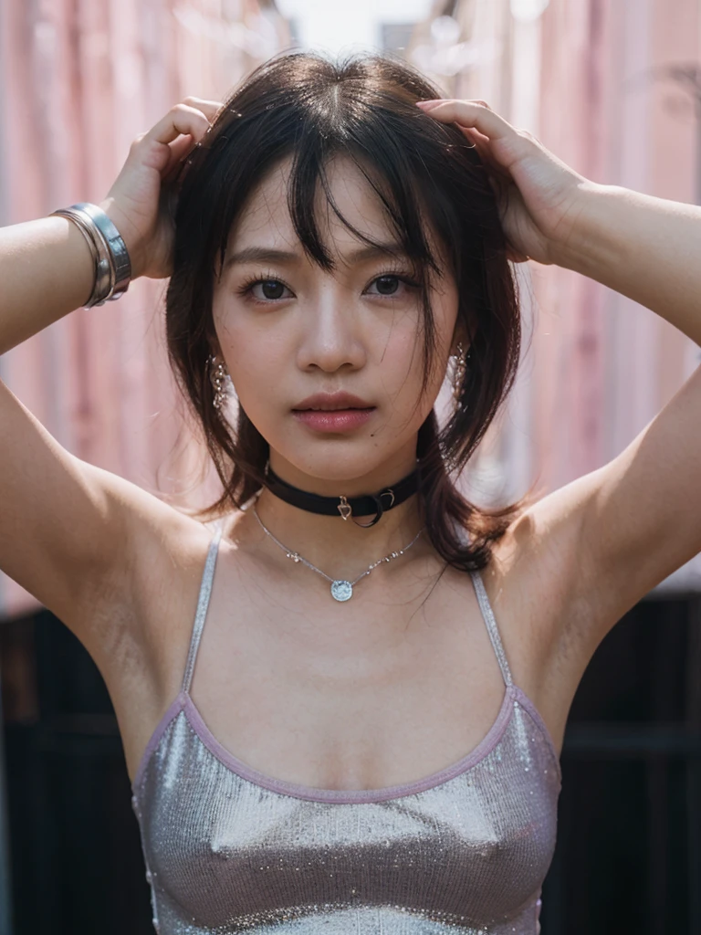 Prompt: Inspired by Michelle Chen (Michelle Chen), beautiful and attractive girl, 25-year-old Thai-Chinese girl, 162-centimeter height, natural-ivory skin tone, perfect face, small eyes, black eyes, ((Chinese droopy and monolid-eyes)), (clear-detailed eyes), centered-focus eyes, natural-gloss full lips, no-makeup looks, (2024 new-trend long bob haircut), ((pink, lavender and silver highlights on black hair)), (clear-detailed hairs), free the nipples, narrow shoulders, long neck, slim waist, rich-detailed skin texture, skin detention, (white crop-tops), high-waist blue skinny-denim, ((too-tight black color heart choker)), ((fine-detailed choker)), talk to the camera, sexy and funny in her eyes, studio portraiture, studio lighting, HDR, side view