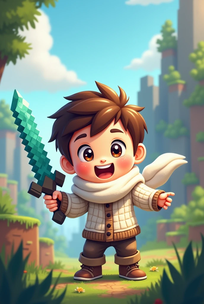 chibi boy wears a white scarf and wears a white and brown sweater and uses a minecraft diamond sword and 