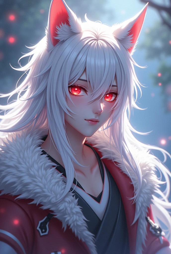 Male Vtuber with white fox hair and ears, red eyes.