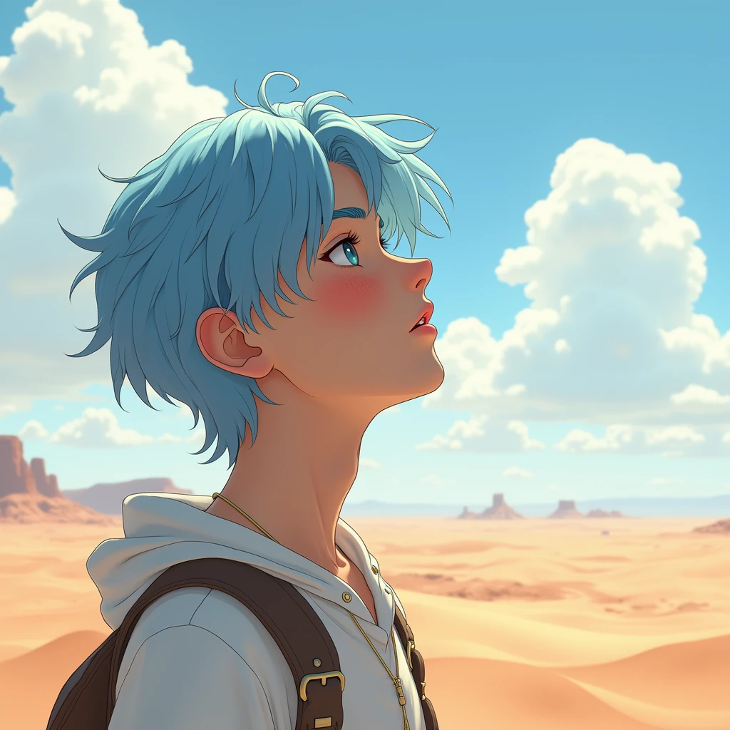 Beautifully drawn, high quality, Ultra detailed CG illustration of a young man with a serene expression, looking into the distance with her striking light blue hair blowing gently in the desert breeze. The landscape behind him is vast and impressive., Drawing viewers into a world of wonder and exploration..