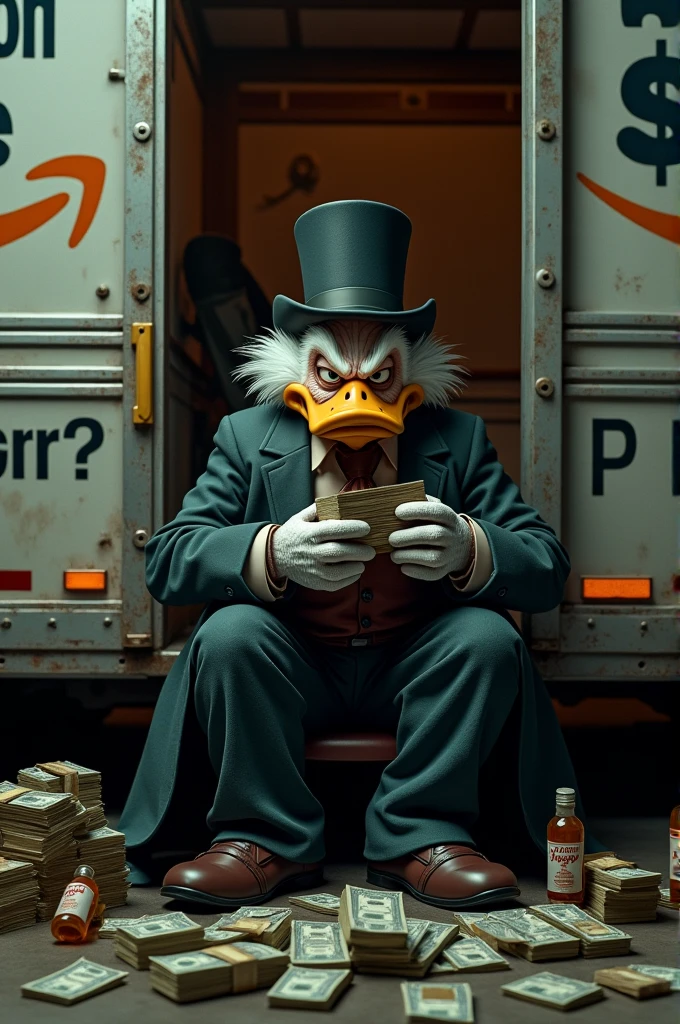 I want you to portray Scrooge McDuck as a gangster who is sitting in an Amazon truck with the door open and he is looking into the camera, has a few bundles of money in his hand and on the truck there is a big CaliZon Prime written on it in Amazon colors, as well as a few calipacks and makatussin bottles on the floor