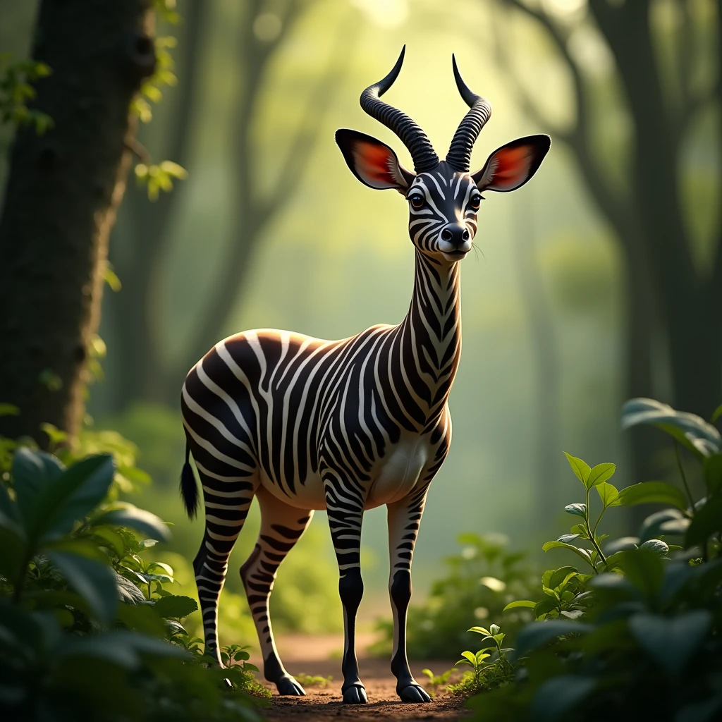 "Look at the okapi! This amazing animal has stripes like a zebra but is closely related to the giraffe. Its unique look helps it blend into the forest. Can you see its beautiful stripes?"