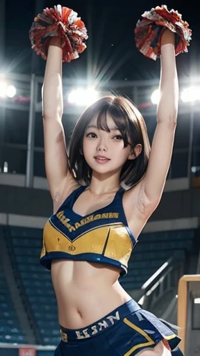 ((Highest quality、8k、Like the picture:1.4、masterpiece))、Backlight、Highly detailed facial texture woman、　Cute Japanese Woman、18-year-old、(((Bull Cheerleader:1.2)))、((Stadium Background:1.2))、Raise your arms、Camera angle from below、Ultra-detailed skin、Beautiful Makeup、Detailed eyes、Laughter、Open your mouth、（Big and round breasts）Shiny brown messy short hairstyle、Sculpture Pose、Shen