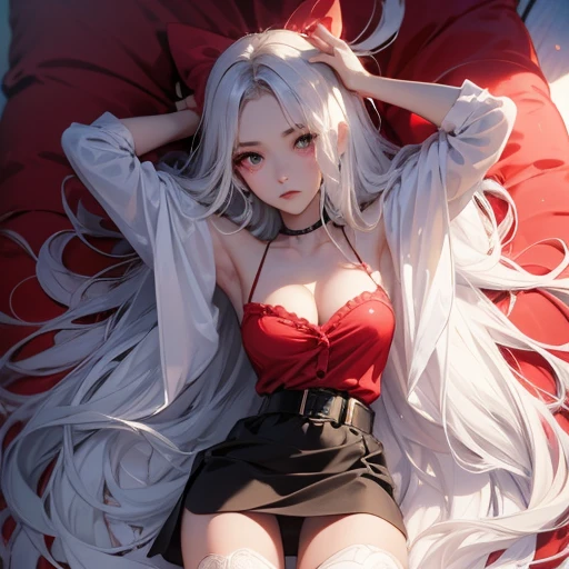 veggie laying on bed, above view, diverse poses, sex poses,time(masterpiece, best quality:1.4), absurdres, highres, ultra detailed, beautiful, (secretary), (perfect face, detailed face, beautiful:1.3),(natural breasts, cleavage), collarbone, fingerless gloves, gloves,spaghetti strap top, black pencil skirt, tight, over the knee skirt, hat, elegant secretary outfit, thighhighs, thick thighs, thighs, multiple belts, More detailed 8K.motor irreal:1.4,UHD,La mejor calidad:1.4, fotorrealista:1.4, textura de la piel:1.4, obra maestra:1.8,obra-prima, mejor calidad,objeto Objeto], (detailed face features:1.3),(manos detailed)