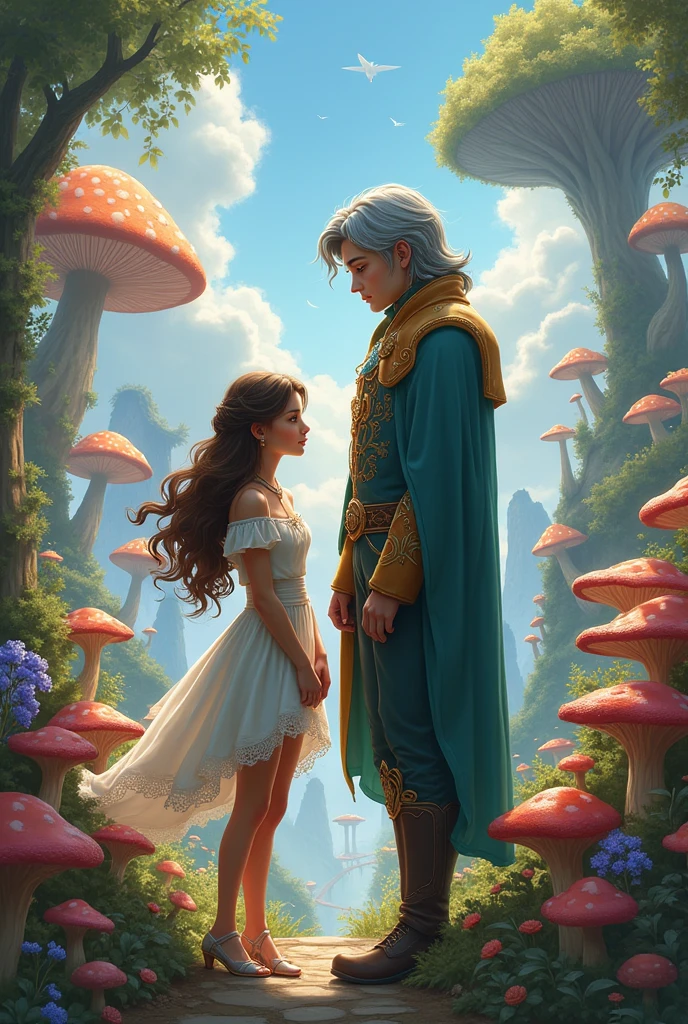A age Alicia with brown hair and a prince who is a teen with gray hair, taller than her, both in the land of Wonderland.