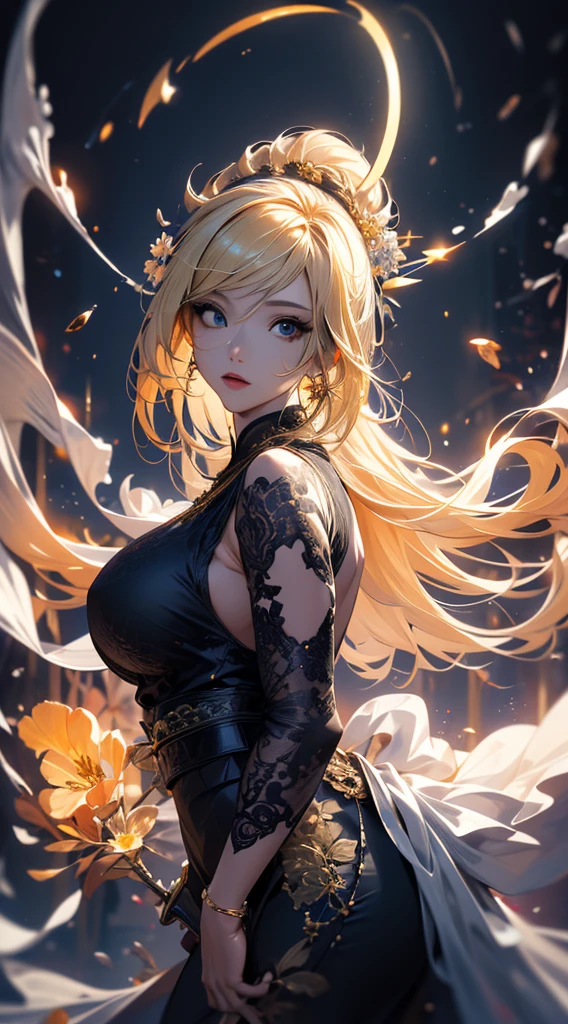 masterpiece, high quality, 4K, Beautiful design, silhouette，blonde， 非常に詳細な夜のStarry Sky,Flower Field， wonderful, Finer details,  Very knowledgeable woman, Highly detailed solo, 1 female,Big Breasts，Tight Dress，Night view，Starry Sky，full moon，
