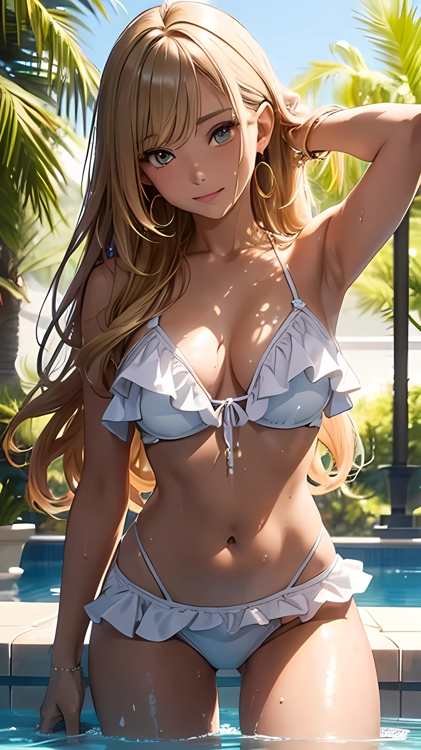 masterpiece,Ultra-high resolution、Highest quality、Sexy pose、model、Poolside、Soaking wet woman、Soaked skin and swimsuit、Detailed expression of the skin、Tanned dark skin、Wet hair、Water dripping from the body、Blonde Hair、Long Hair:1.2, Yellow Eyes,Detailed eyes、 smile、Tilt your head、Big gold earrings:1.5,、Small breasts、the body is slim、Tight waist、Spread your legs,Cowboy Shot、Plain white mini skirt-style frilled bikini、Detailed expression of fabric、Frill-trimmed armlet、Frill-trimmed garter