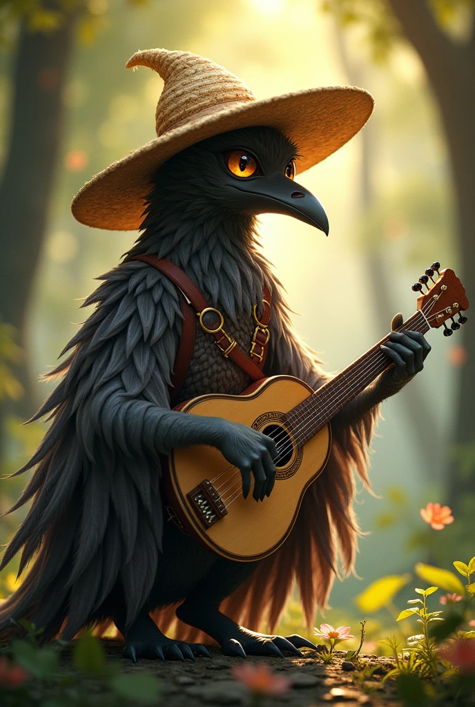 Kenku, similar to a cat-spirit bird as a bard using a lute and wearing a medium straw hat.
