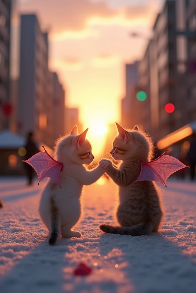 dawn of a summer morning, a Tokyo square, four kittens, a kitten with furry dragon wings, a small pile of slightly melted frost,