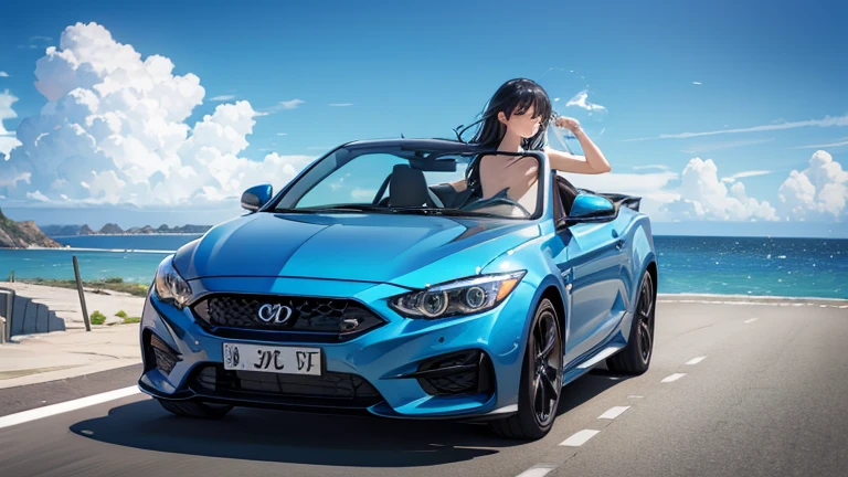 Please draw an illustration of a scantily clad woman driving an open-top car along a road by the sea.。The woman is relaxing with her hair blowing in the wind.、The blue sea and clear sky are in the background.。