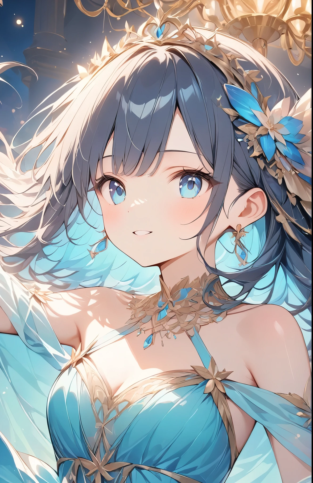 ((Amazingly absurd)),超High resolution, Attention to detail, high quality, High resolution, 最high quality, 4K, 8k,close-up,Cute girl、Night Ball、A princess who dances、((Beautiful dress))、chandelier、Glowing lighting,(Sparkling particles),(Deep blue dress)