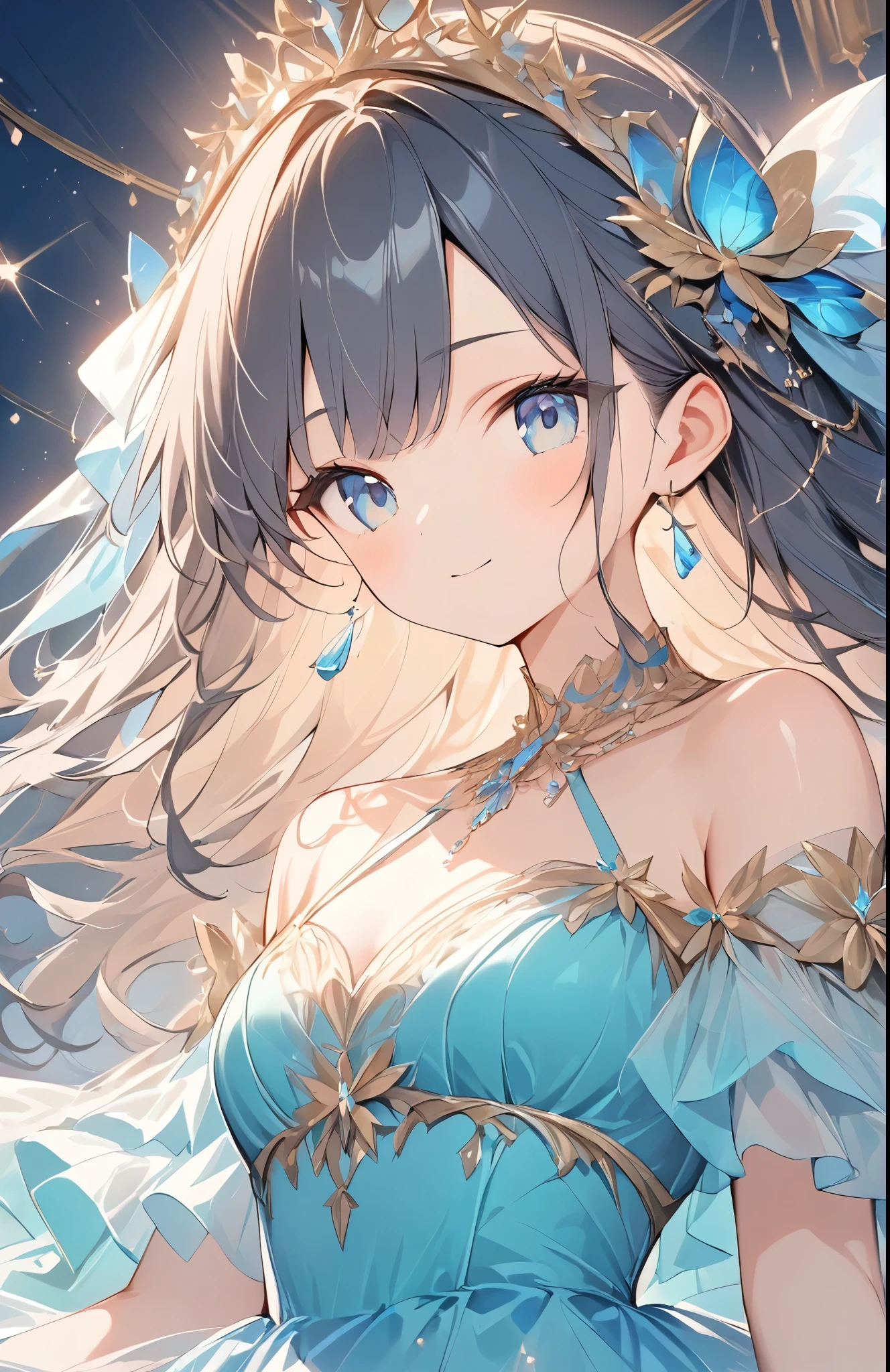 ((Amazingly absurd)),超High resolution, Attention to detail, high quality, High resolution, 最high quality, 4K, 8k,close-up,Cute girl、Night Ball、A princess who dances、((Beautiful dress))、chandelier、Glowing lighting,(Sparkling particles),(Deep blue dress)