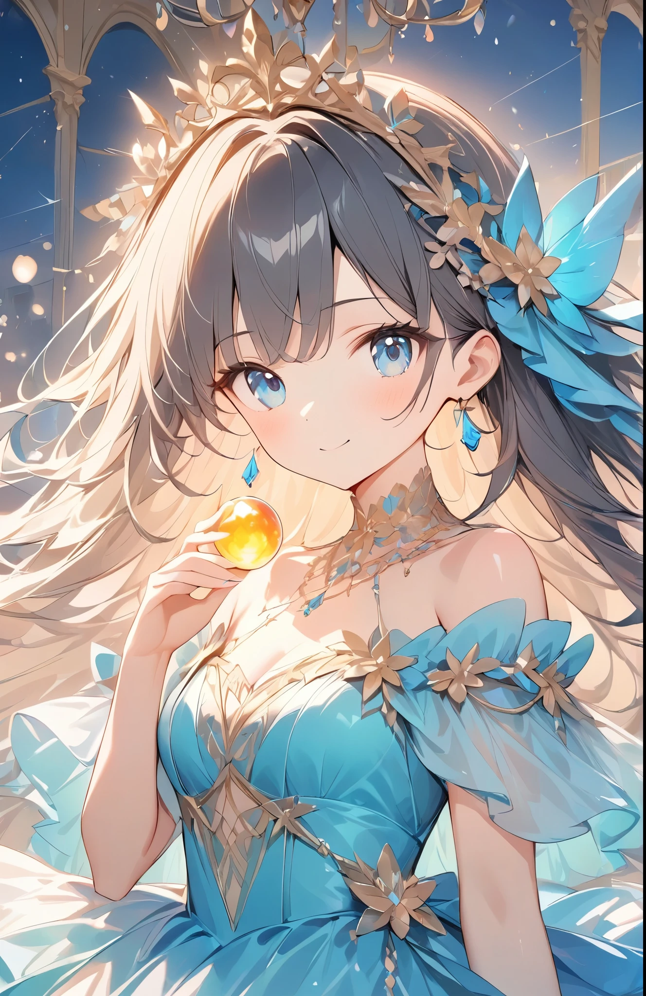 ((Amazingly absurd)),超High resolution, Attention to detail, high quality, High resolution, 最high quality, 4K, 8k,close-up,Cute girl、Night Ball、A princess who dances、((Beautiful dress))、chandelier、Glowing lighting,(Sparkling particles),(Deep blue dress)