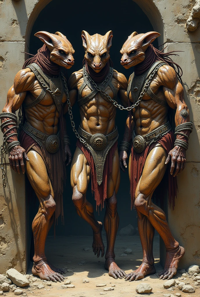 three heavily wounded predator yautja with a chain wrapped around them, known for its hunting prowess, lean against a crumbling stone structure in a hauntingly detailed painting. their battle-scarred armor is intricately etched and tarnished, adorned with mysterious symbols. The image captures the warriors's exhaustion and fierce determination, with every crease and scratch meticulously rendered.