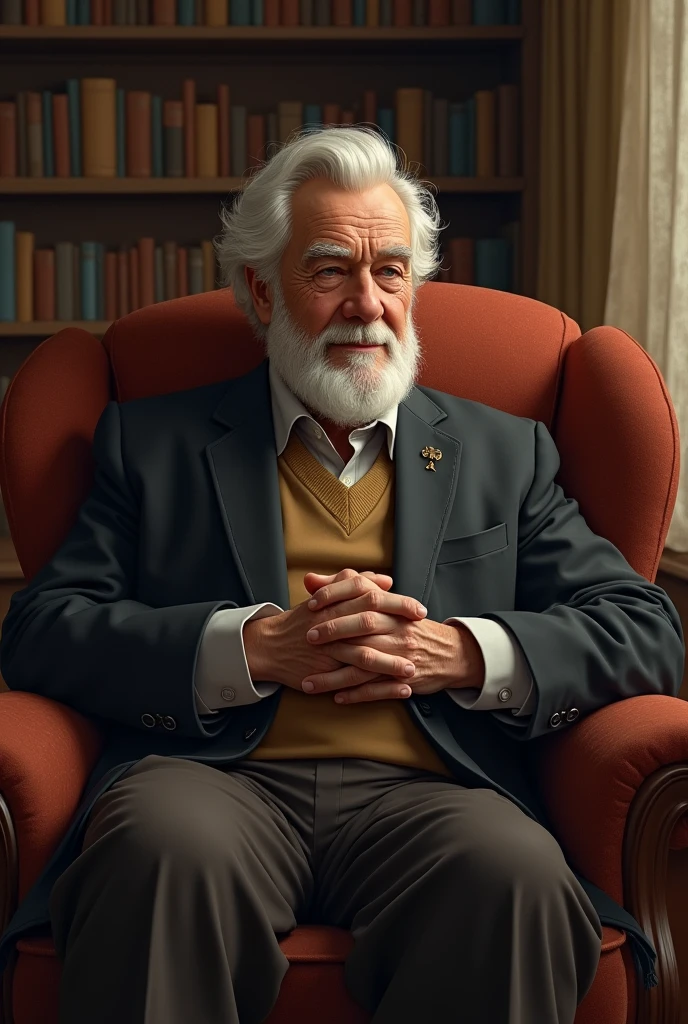 A wise man thinking of something. Sitting in comfortable sofa