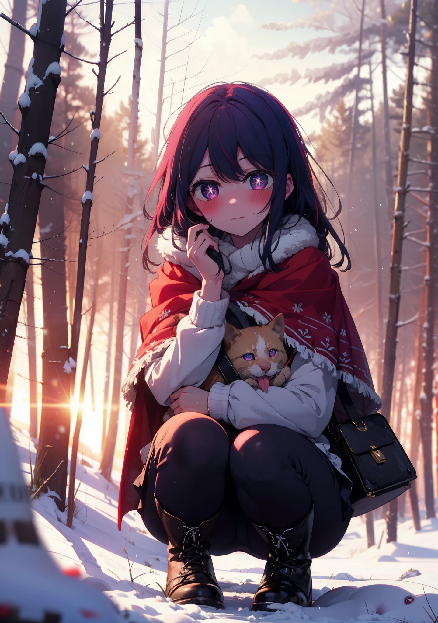 aihoshino, Ai Hoshino, Long Hair, bangs, (Purple eyes:1.1), Purple Hair, (Symbol-shaped pupil:1.5), smile,,smile,blush,white breath,
Open your mouth,snow,Ground bonfire, Outdoor, boots, snowing, From the side, wood, suitcase, Cape, Blurred, , forest, White handbag, nature, Squat, Mouth closed, Cape, winter, Written boundary depth, Black shoes, red Cape break looking at viewer, Upper Body, whole body, break Outdoor, forest, nature, break (masterpiece:1.2), Highest quality, High resolution, unity 8k wallpaper, (shape:0.8), (Beautiful and beautiful eyes:1.6), Highly detailed face, Perfect lighting, Extremely detailed CG, (Perfect hands, Perfect Anatomy),