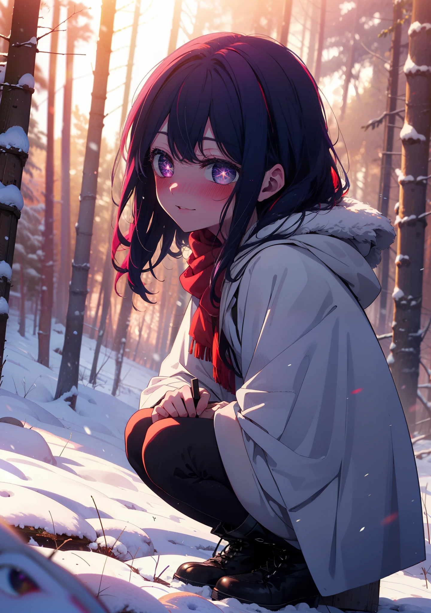 aihoshino, Ai Hoshino, Long Hair, bangs, (Purple eyes:1.1), Purple Hair, (Symbol-shaped pupil:1.5), smile,,smile,blush,white breath,
Open your mouth,snow,Ground bonfire, Outdoor, boots, snowing, From the side, wood, suitcase, Cape, Blurred, , forest, White handbag, nature, Squat, Mouth closed, Cape, winter, Written boundary depth, Black shoes, red Cape break looking at viewer, Upper Body, whole body, break Outdoor, forest, nature, break (masterpiece:1.2), Highest quality, High resolution, unity 8k wallpaper, (shape:0.8), (Beautiful and beautiful eyes:1.6), Highly detailed face, Perfect lighting, Extremely detailed CG, (Perfect hands, Perfect Anatomy),
