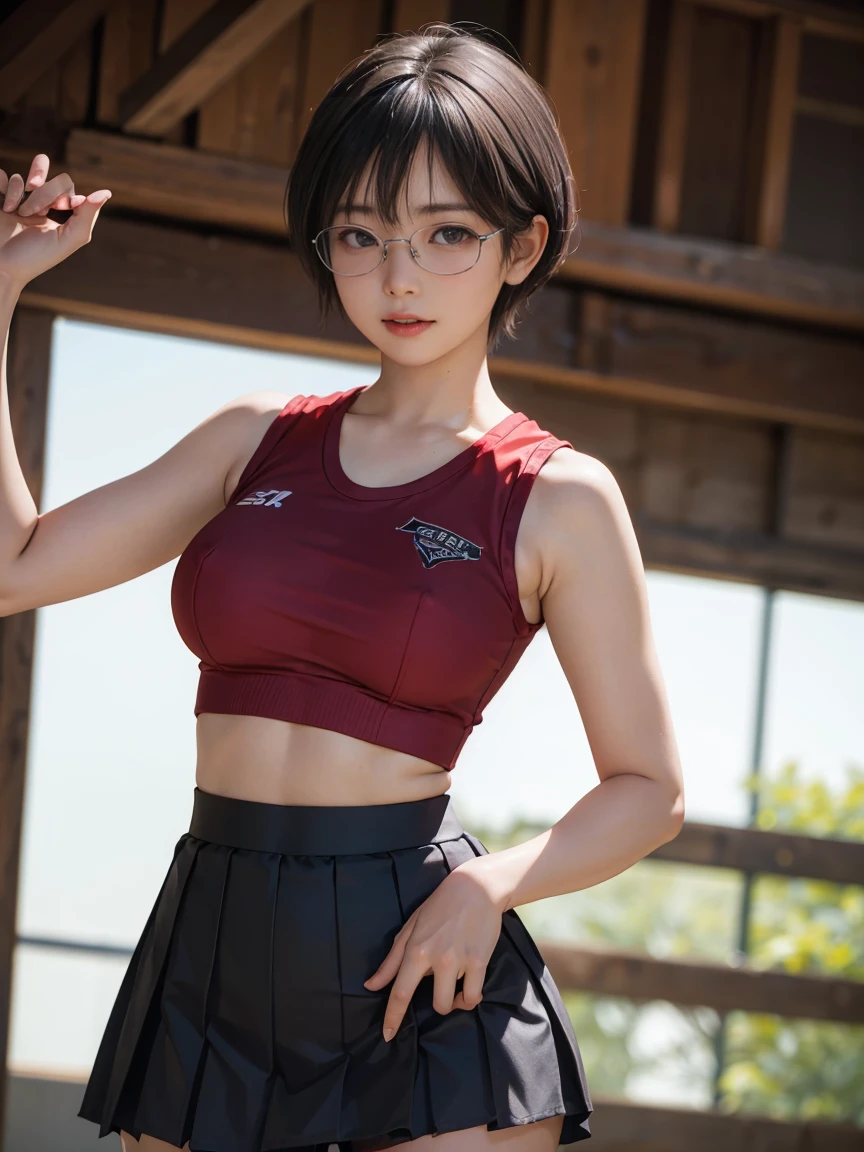 8k, RAW Photos, Highest quality, masterpiece, Realistic, Realistic, (1 Ultimate beauty), 野球cheer leading部,(Strictly adhere to a composition where only one person appears in the photo)、(At the baseball stadium)(Wear rimless glasses)((Female Cheerleader))(cheer leading) (((Bold-colored sleeveless shirt and flared skirt)))Highly detailed face, (Perfect Teeth), fine grain, double eyelid, eyelash, Lip details, (((Black hair pixie cut)), (((Very large breasts)))Big Breasts,(((Accentuate your cleavage)))(((squat)))(((Squat posture)))((Sexy pose))(((It emphasizes the crotch.)))Cowboy Shot, Soft Light, ((Written boundary depth))
Proceed with caution,((, Japanese women)), (((moderately fleshy body, Tight waist))), (((Front view, Realistic))Front view