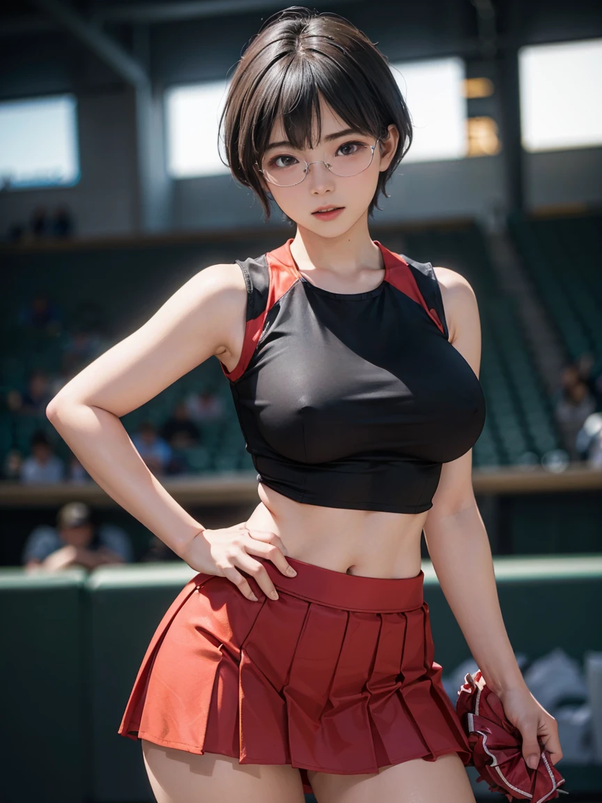 8k, RAW Photos, Highest quality, masterpiece, Realistic, Realistic, (1 Ultimate beauty), 野球cheer leading部,(Strictly adhere to a composition where only one person appears in the photo)、(At the baseball stadium)(Wear rimless glasses)((Female Cheerleader))(cheer leading) (((Bold-colored sleeveless shirt and flared skirt)))Highly detailed face, (Perfect Teeth), fine grain, double eyelid, eyelash, Lip details, (((Black hair pixie cut)), (((Very large breasts)))Big Breasts,(((Accentuate your cleavage)))(((squat)))(((Squat posture)))((Sexy pose))(((It emphasizes the crotch.)))Cowboy Shot,  Soft Light, ((Written boundary depth)) 
Proceed with caution，((, Japanese women)), (((moderately fleshy body, Tight waist))), (((Front view, Realistic))Front view