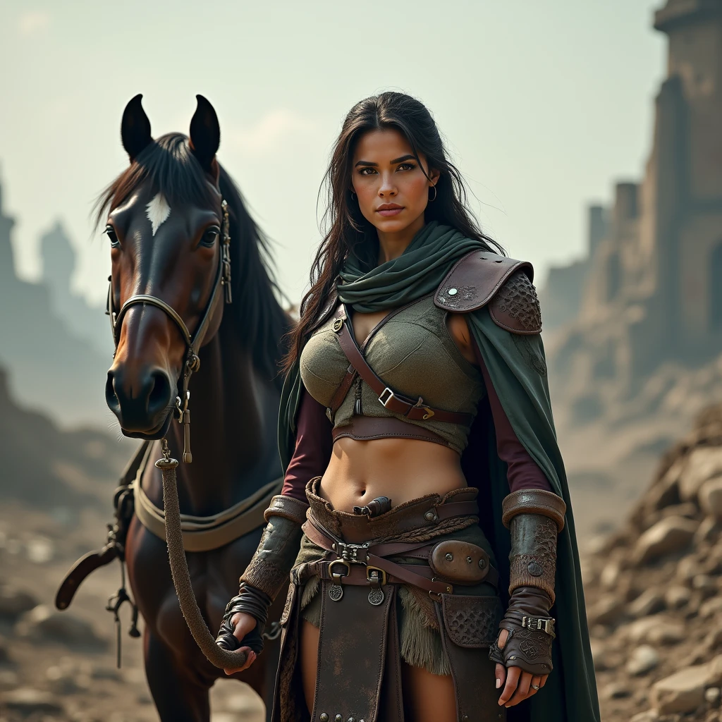 Portrait of a warrior woman standing in front of a horse, Assassin's Game&#39;Assassin's Creed, realistic photo, post apocalipsis