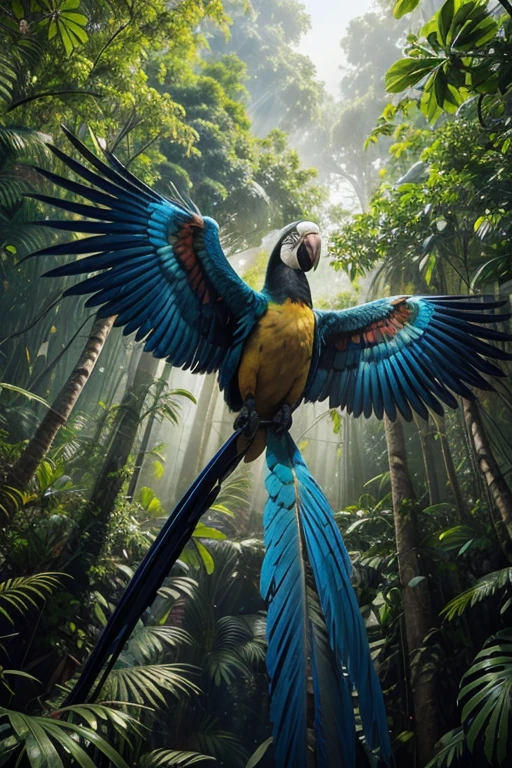 Create a cinematic high-definition image of a vibrant macaw flying over the dense Amazon rainforest. The scene should capture the majesty and vivid colors of the macaw with advanced detail. The rainforest should be depicted with rich tropical vegetation, including towering trees, lush leaves, and soft lighting filtering through the canopy, creating beams of golden light. The atmosphere should have a slight morning mist, adding depth and a sense of mystery to the scene. The macaw should be in mid-flight, its detailed and colorful feathers gleaming under the filtered light. The composition should be dynamic, with a viewpoint that highlights both the beauty of the bird and the vastness of the forest in the background.