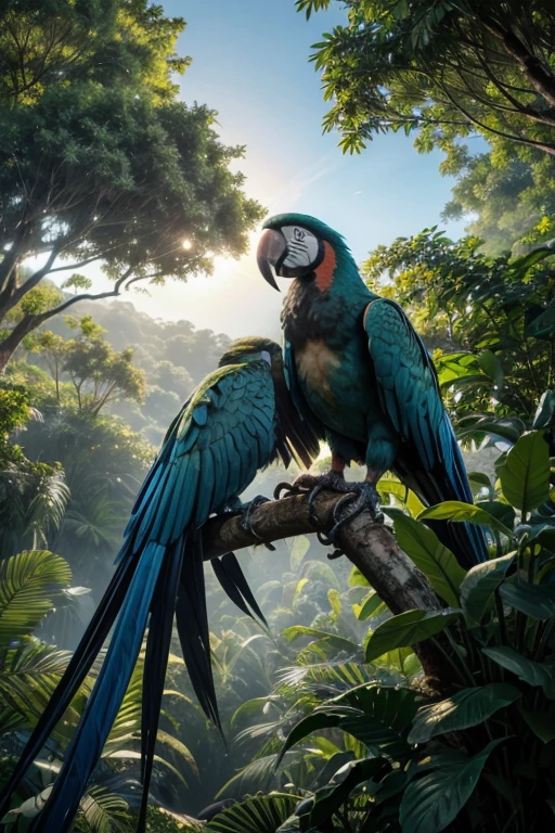 Create a cinematic high-definition image of a vibrant macaw flying over the dense Amazon rainforest. The scene should capture the majesty and vivid colors of the macaw with advanced detail. The rainforest should be depicted with rich tropical vegetation, including towering trees, lush leaves, and soft lighting filtering through the canopy, creating beams of golden light. The atmosphere should have a slight morning mist, adding depth and a sense of mystery to the scene. The macaw should be in mid-flight, its detailed and colorful feathers gleaming under the filtered light. The composition should be dynamic, with a viewpoint that highlights both the beauty of the bird and the vastness of the forest in the background.