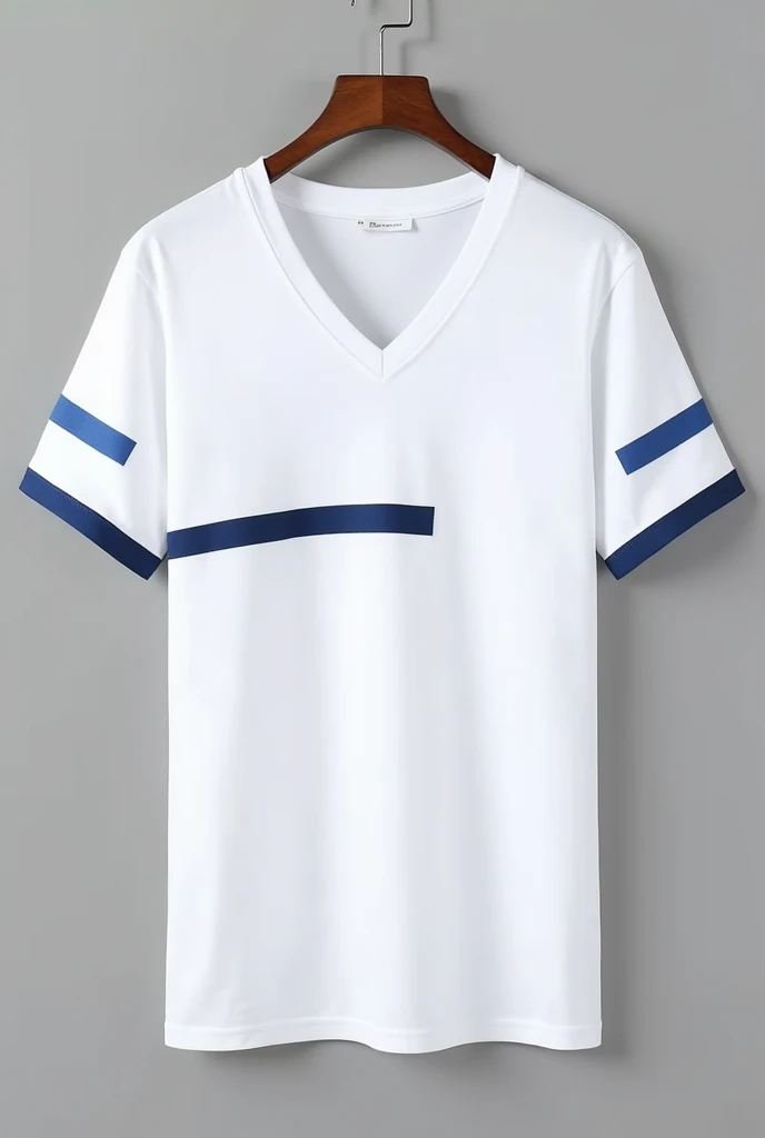 make two white shirts, with V-neck in blue, sleeves with blue stripe on the edge and a blue stripe in the horizontal position. A shirt showing the front and another showing the back.