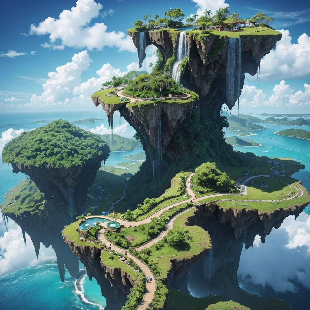 Imagine a series of lush, green islands floating in the sky, connected by winding, twisting bridges. Each island has its own tiny ecosystem, with waterfalls that cascade into the clouds below.