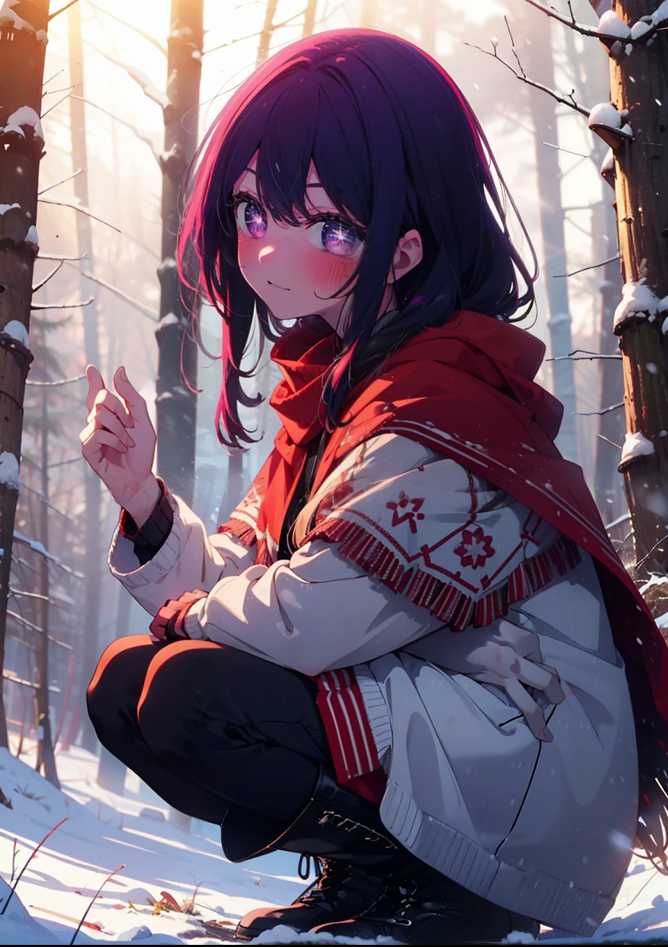 aihoshino, Ai Hoshino, Long Hair, bangs, (Purple eyes:1.1), Purple Hair, (Symbol-shaped pupil:1.5), smile,,smile,blush,white breath,
Open your mouth,snow,Ground bonfire, Outdoor, boots, snowing, From the side, wood, suitcase, Cape, Blurred, , forest, White handbag, nature,  Squat, Mouth closed, Cape, winter, Written boundary depth, Black shoes, red Cape break looking at viewer, Upper Body, whole body, break Outdoor, forest, nature, break (masterpiece:1.2), Highest quality, High resolution, unity 8k wallpaper, (shape:0.8), (Beautiful and beautiful eyes:1.6), Highly detailed face, Perfect lighting, Extremely detailed CG, (Perfect hands, Perfect ???????),