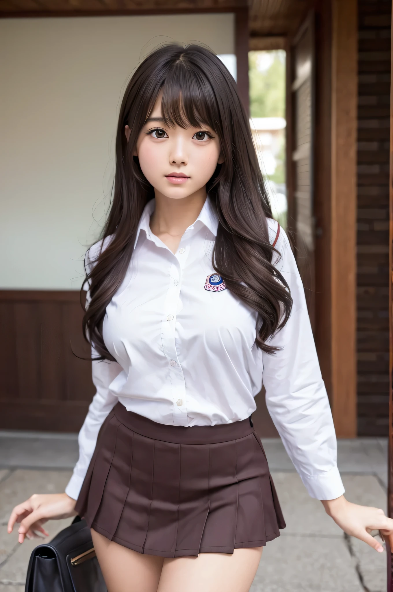 High resolution、High resolution、In 8K、RAW Photos、Highest quality、masterpiece、age Girl, Wavy Hair,Japanese High School Uniform, Anatomically correct,bangs、Waist、thigh、mini skirt、naked、tits