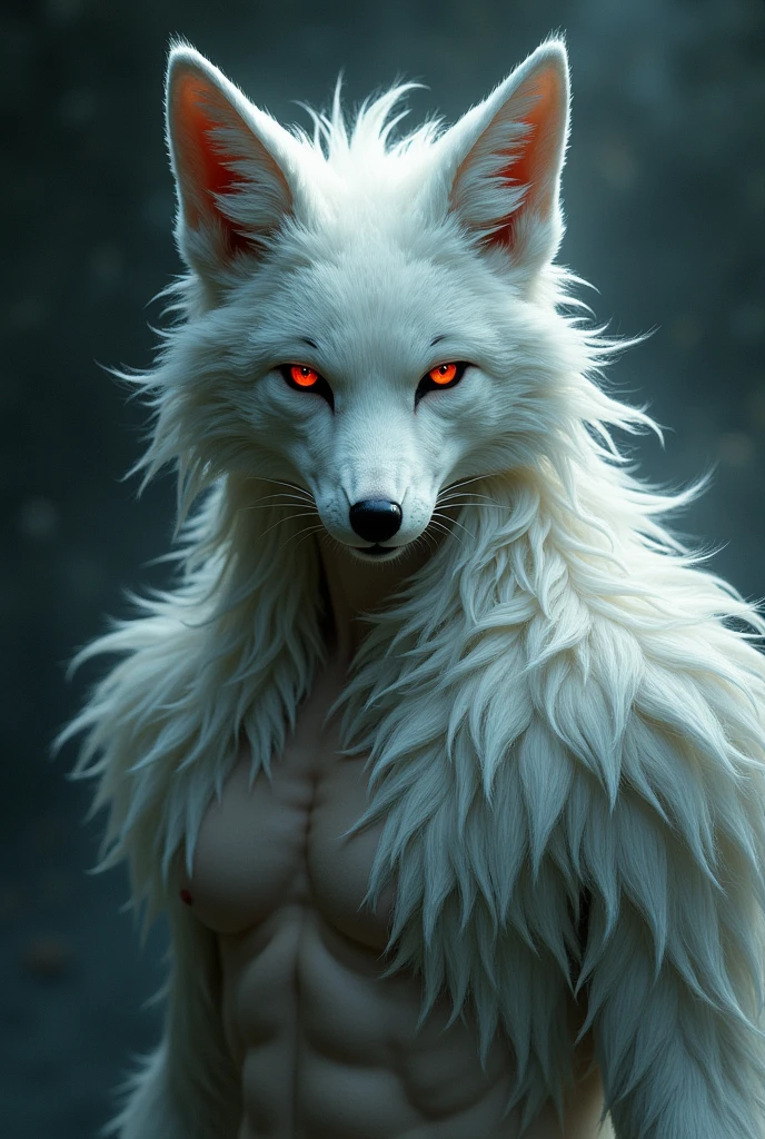 Man with white fox hair and ears with red eyes 