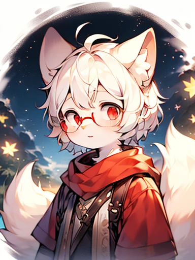 (best quality,high resolution,masterpiece:1.2),Cute teenage characters,,Beautiful and delicate red eyes,Soft white hair,wearing round glasses,The ears are hidden,Hair covers the ears,A white fringe of bangs,Wolf ears,Wolf Tail,Long eyelashes,Facing the camera,panoramic,Stargazing