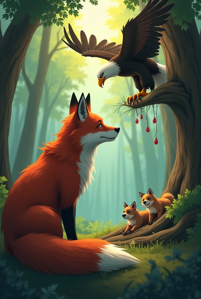 Thumbnail for Fox is sad face Infront the tree where the eagle is eating Fox cubs from above her nest background is a daylight in the forest and image is wide
