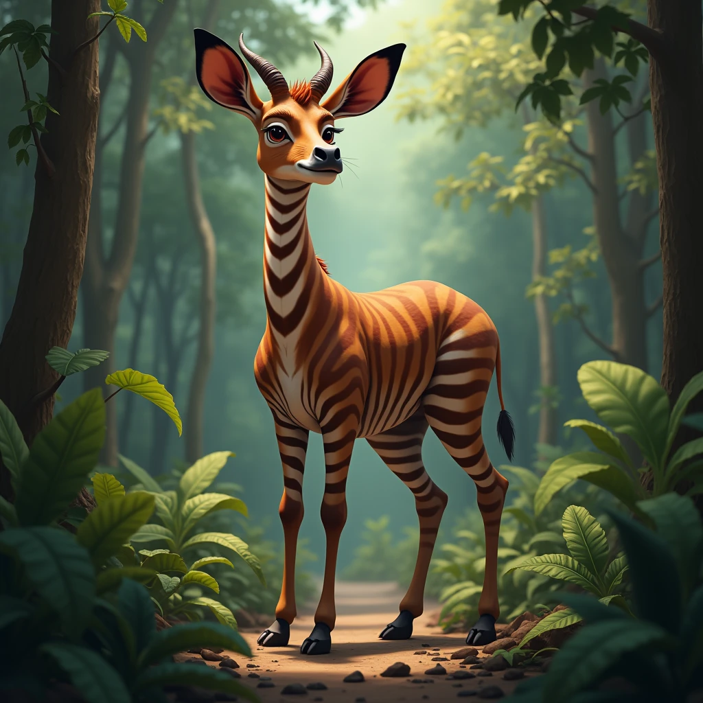 "Create a realistic image of an okapi, a fascinating animal that resembles a cross between a giraffe and a zebra. It has a giraffe-like body and long neck, but with distinct zebra-like stripes on its legs and hindquarters. The okapi's coat is a rich reddish-brown, and it has large, expressive eyes and ears. It lives in the dense, lush rainforests of Central Africa, so include a background with dense foliage and trees to reflect its natural habitat."