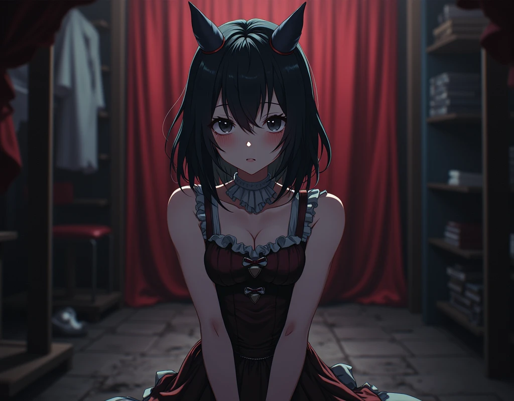 anime woman in a circus performer costume, sitting in the circus back room, alone, neutral face, cute but slightly creepy, medium length hair, sleeveless.