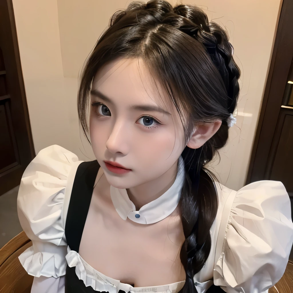 8k, Tabletop, Very detailed, alone, A girl so beautiful it takes your breath away., (Mature Woman), (maid), (French Braid),(Carbowie shot)