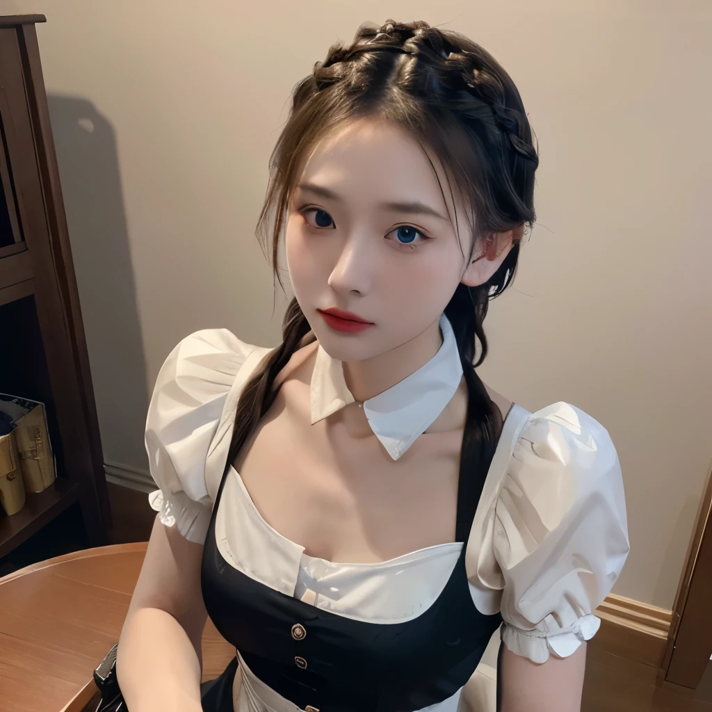 8k, Tabletop, Very detailed, alone, A girl so beautiful it takes your breath away., (Mature Woman), (maid), (French Braid),(Carbowie shot)