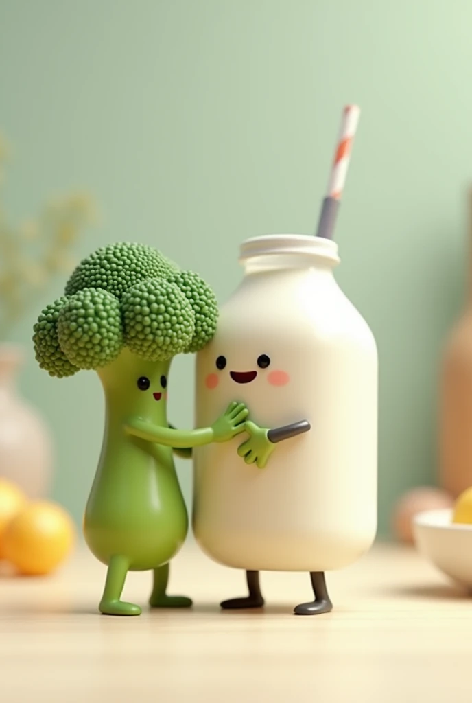 A smiling milk jug, glad, hugging a smiling broccoli, glad