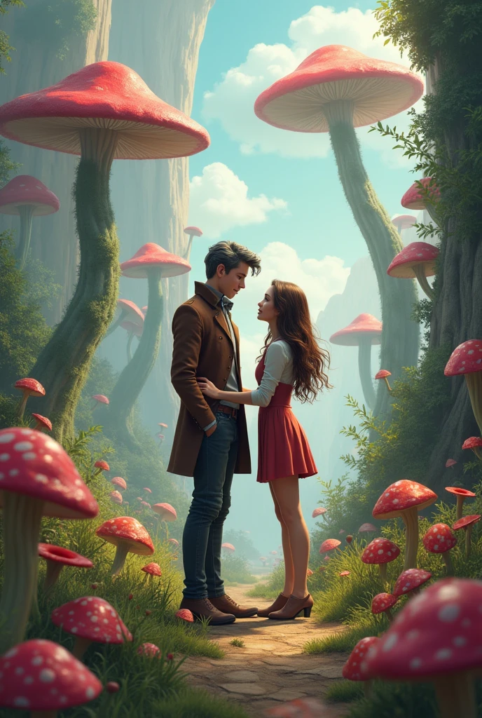 Alicia as a teenager with brown hair and a prince who is a teenager with gray hair, a little taller than her, and they are in Wonderland.