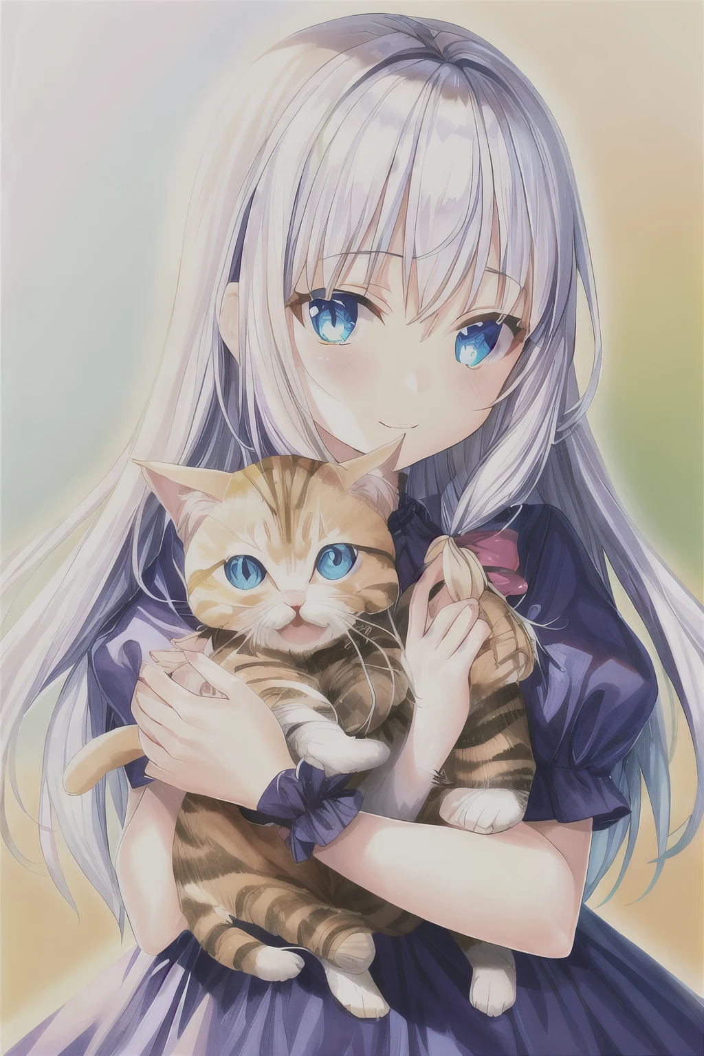 A cute girl，White hair，Big blue eyes，Proud，Princess dress，Holding a fluffy and very cute kitten with both hands，Similar to the character Izumi Sagiri