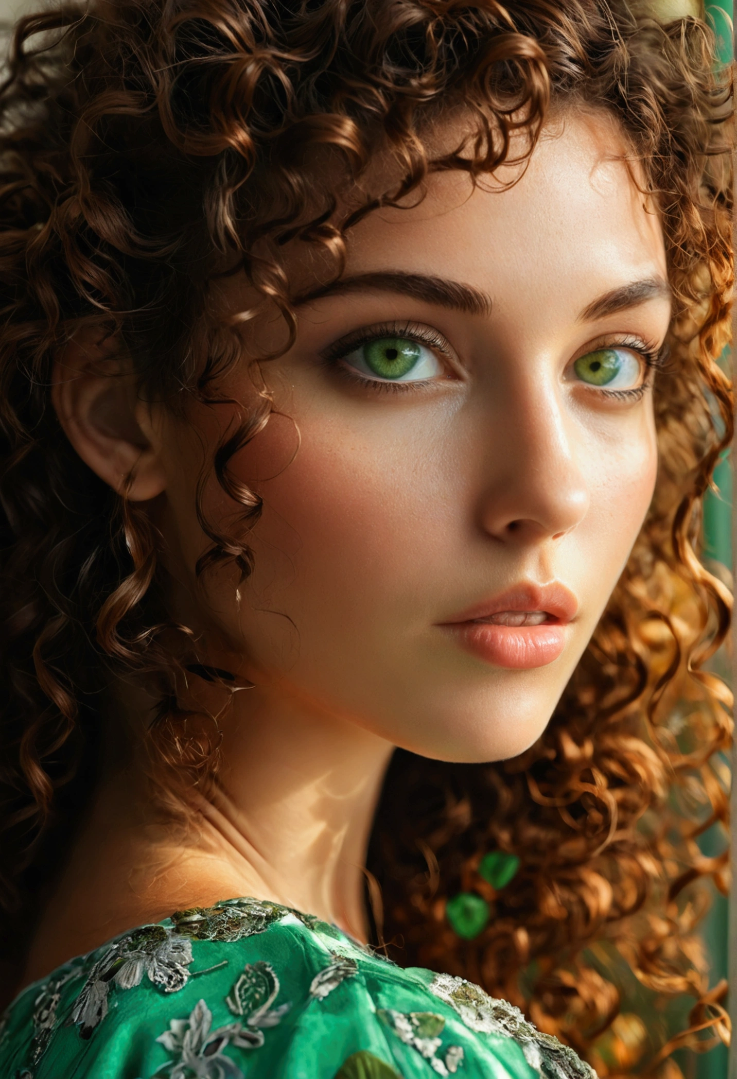 Real brown curly haired woman with green eyes 