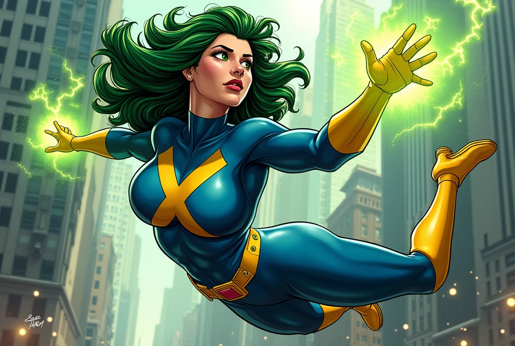 Lorna Dane, polaris x-men, (flying fight profile side pose:1.4), (green thick wavy long hair:1.4), (busty breast:1.4), wearing a blue costume, big yellow "x" in the chest, with yellow x men belt, yellow glowes, yellow boots, flying in New York city, (she's using her green power:1.3), (comic style:1.4)