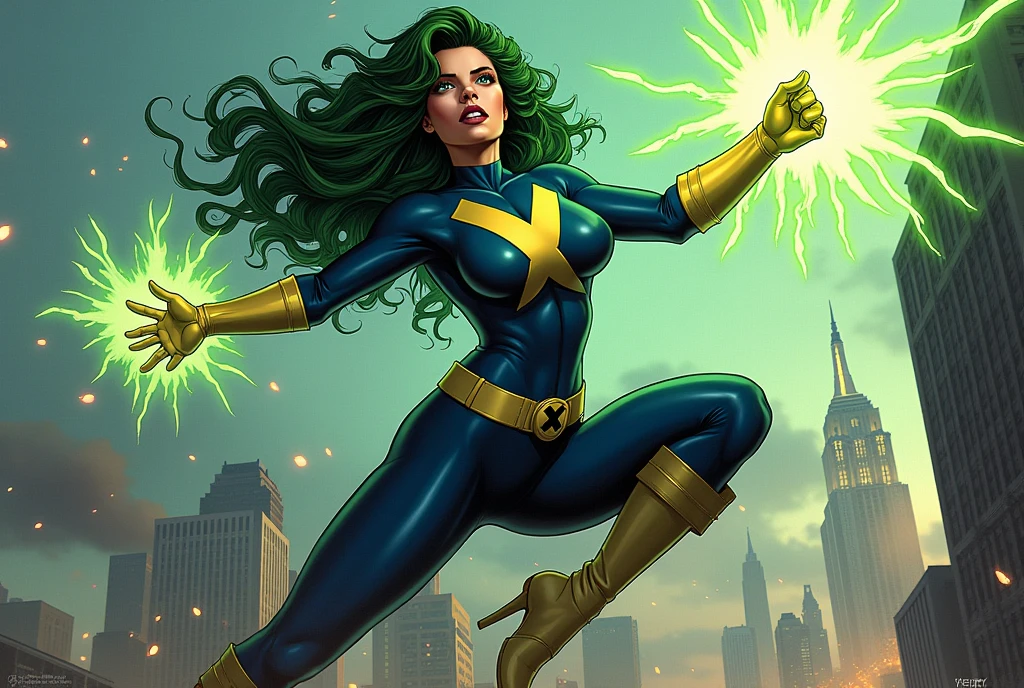 Lorna Dane, polaris x-men, (flying fight profile side pose:1.4), (green thick wavy long hair:1.4), (busty breast:1.4), wearing a blue costume, big yellow "x" in the chest, with yellow x men belt, yellow glowes, yellow boots, flying in New York city, (she's using her green power:1.3), (comic style:1.4)