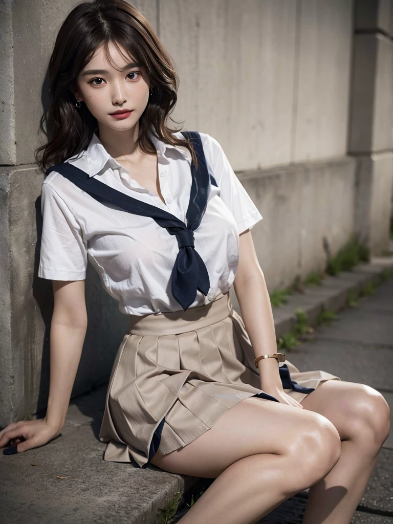 absurdres, RAW photo, extremely delicate and beautiful, masterpiece, Best Quality, ultra high resolution, 16k, hyperrealistic, ultra-detailed, perfect anatomy, super Detailed skin, perfect figure, Very detailed CG 8k wallpaper, in her 20s, very Slim body, narrow waist, very small head, very small face, delicate facial features, tearful mole, earring, thin legs, (very huge round breasts), 1 girls, full body shot, bare legs, short hair, wavy hair, light brown hair, wet, ((school uniform)), blazer, skirt,